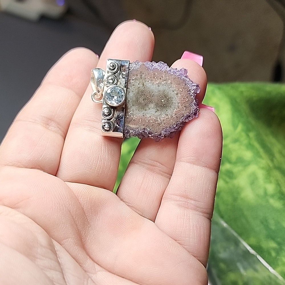NWOT Amethyst Stalactites Slice & light blue Topaz Pendant sterling 925 silver